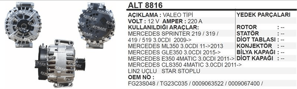 Alternatör 12V 220A GLE350 E350 4MATIC – Mercedes Sprinter