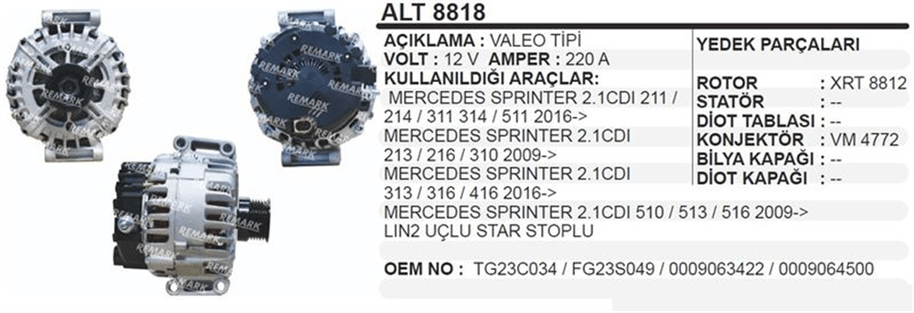 Alternatör 12V 220A Start Stop – Mercedes Sprinter 211 214