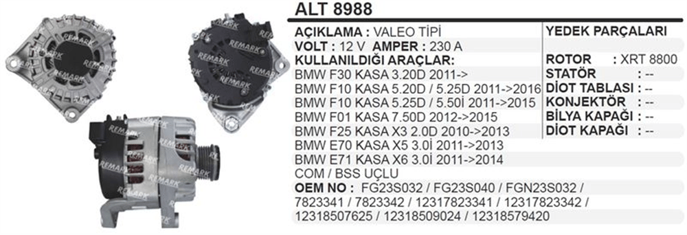 Alternatör 12V 230A 320D 520D – BMW X3, E70, X5 vb.