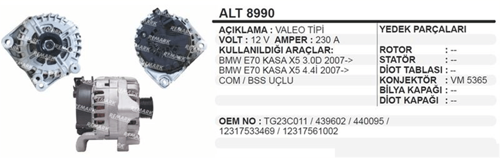 Alternatör 12V 230A Kasa 2007+ – BMW E70, X5