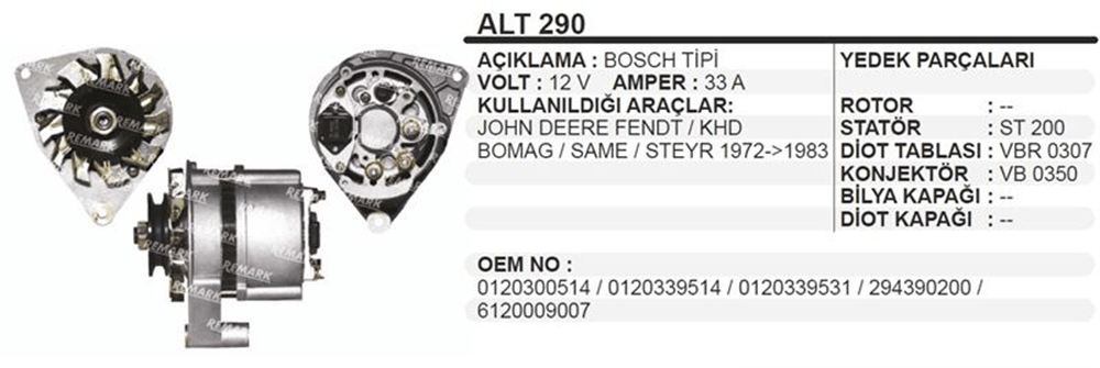 Alternatör 12V 33A Jhon Deere – Steyr Traktör 1972-1983
