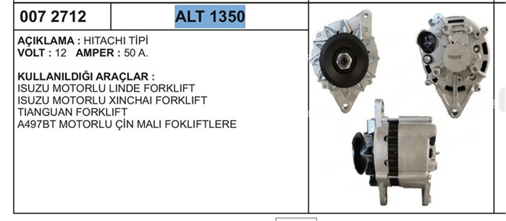 Alternatör 12V 50A – Isuzu Motor Linde Xinchai A498BT