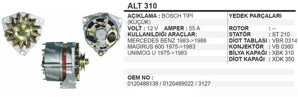 Alternatör 12V 55A – Mercedes Magrus Unimorg