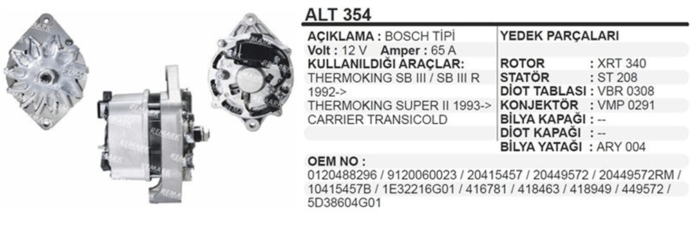 Alternatör 12V 65A Thermoking