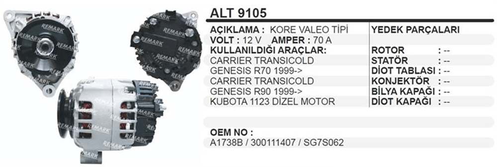 Alternatör 12V 70A – Kubota Carrier 2011+