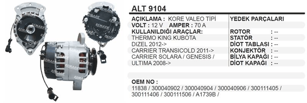 Alternatör 12V 70A – Kubota Carrier Solara