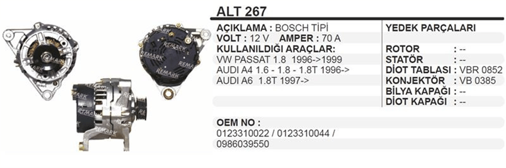 Alternatör 12V 70A – Volkswagen Passat, Audi A4, A6