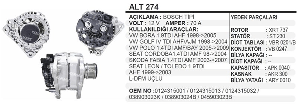 Alternatör 12V 70A Vw.bora – Volkswagen Bora, Golf IV, Seat Toledo