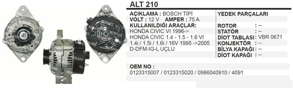 Alternatör 12V 75A 1995+ – Honda Civic