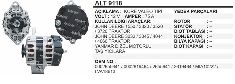 Alternatör 12V 75A – John Deere 3320 3520 YA