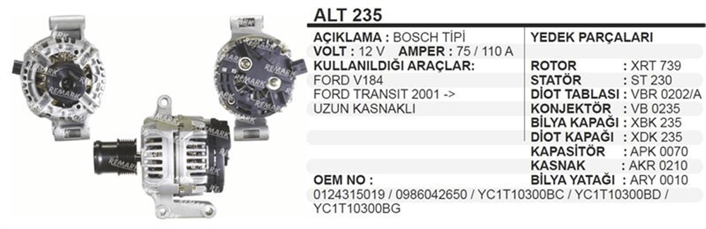 Alternatör 12V 75A V184 Connect LDFMS Uç 3 Fişli Uzun Kasnaklı – Ford Transit, Connect, Tourneo