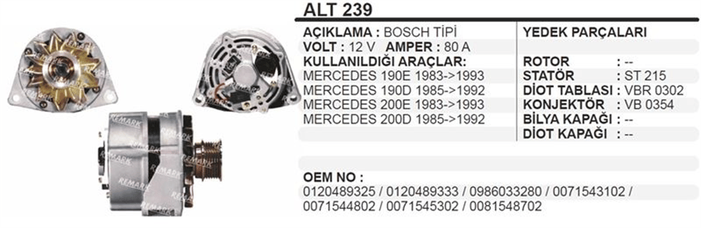 Alternatör 12V 80A – Mercedes 190 200 1982-1993