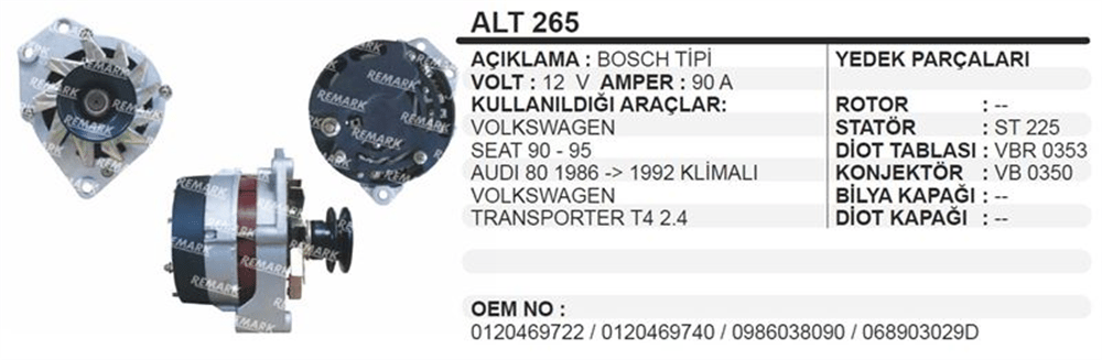 Alternatör 12V 90A – Audi VW Seat 1990-1995