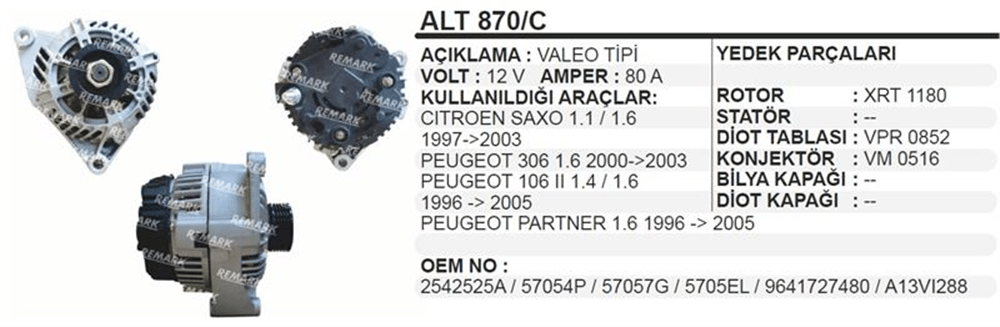 Alternatör 12V 90A Benzin – Citroen Berlingo, Saxo
