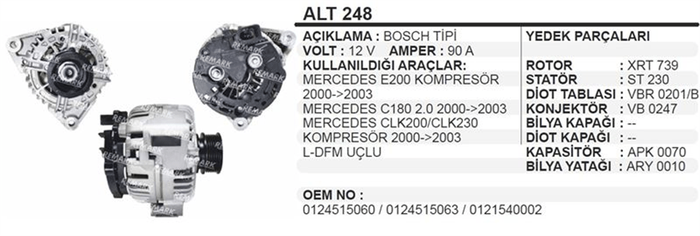 Alternatör 12V 90A Bosch T.MERC. – E200 KOMPR.2000+03
