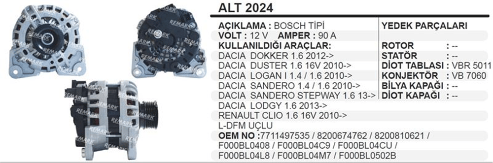 Alternatör 12V 90A LFDM – Dacia Logan, Sandero, Renault Clio 2010+