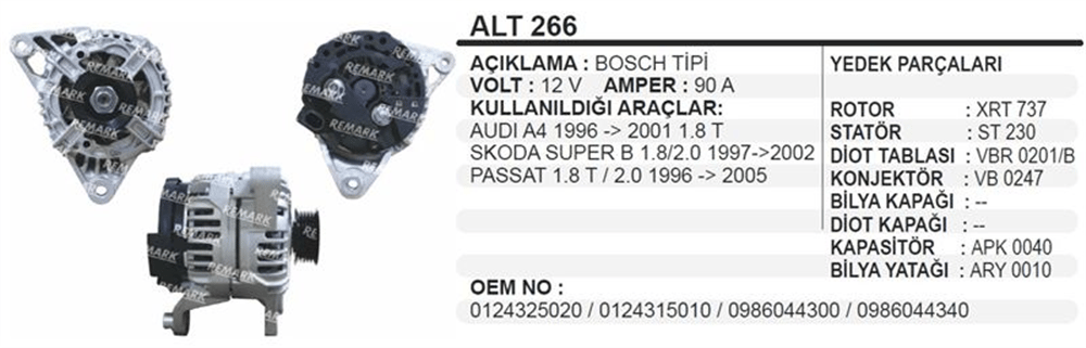 Alternatör 12V 90A Passat1,8 – Audi A4, Skoda