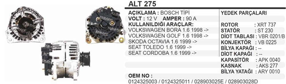 Alternatör 12V 90A TOLEDO1.6 1999+ – Volkswagen Golf, Bora, Skoda Octavia