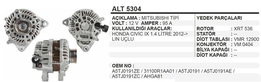 Alternatör 12V 95A 2012+ – Honda Civic