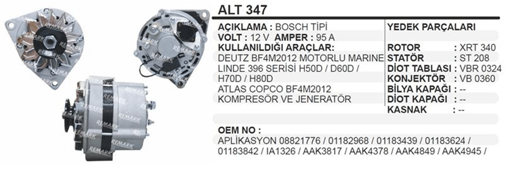 Alternatör 12V 95A – Deutz Linde Atlas Copco