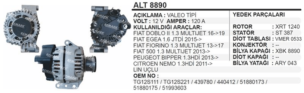 Alternatör 12V120A LIN 2016+ – Fiat Doblo, Fiorino, Egea