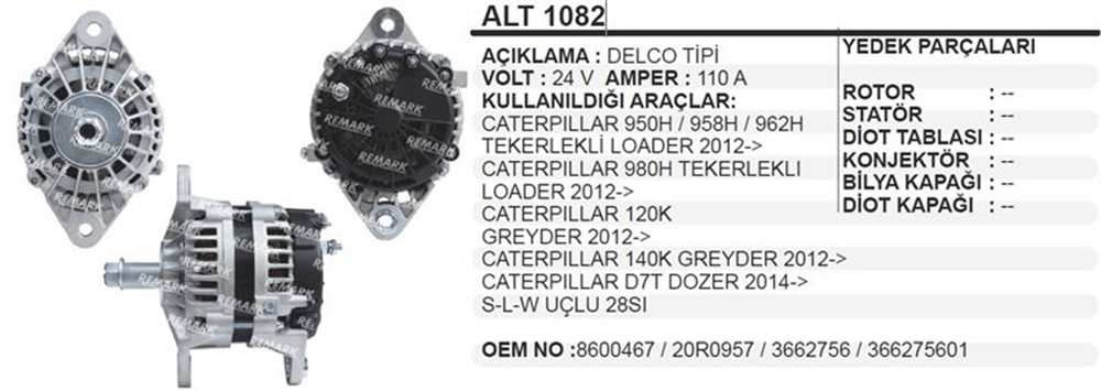 Alternatör 24V 110A CAT 950H-958H-962H-980H