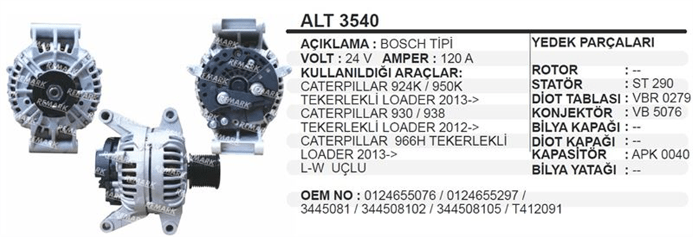 Alternatör 24V 120A L W Uçlu – Caterpillar Yükleyici