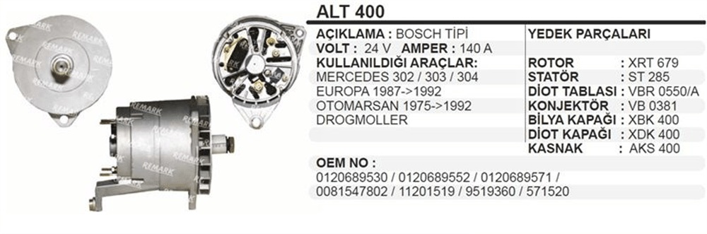 Alternatör 24V 140A – Mercedes 302 303 304 403 75.92