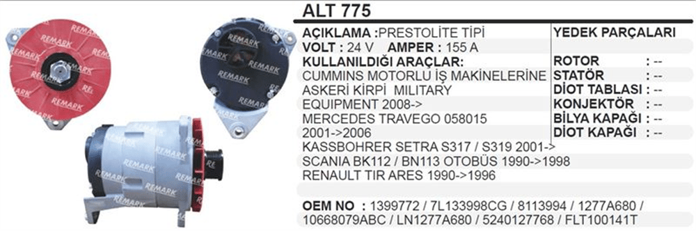 Alternatör 24V 155A Sciania Askeri Kirpi – Mercedes Travego