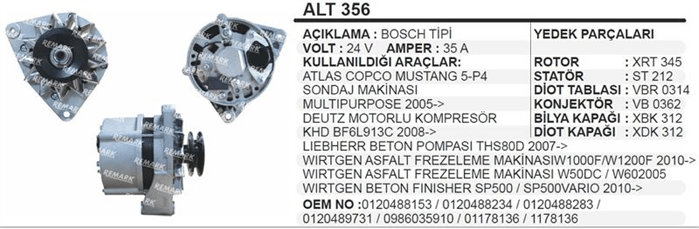 Alternatör 24V 35A Atlas Copco – Deutz Motorlu