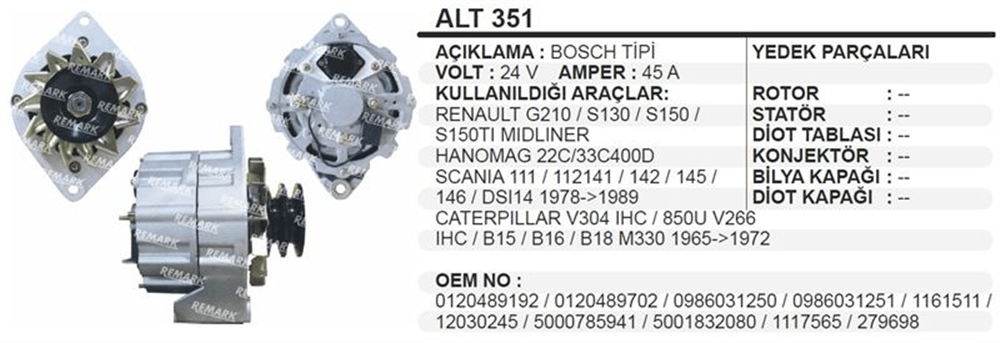 Alternatör 24V 45A – Volvo Caterpillar