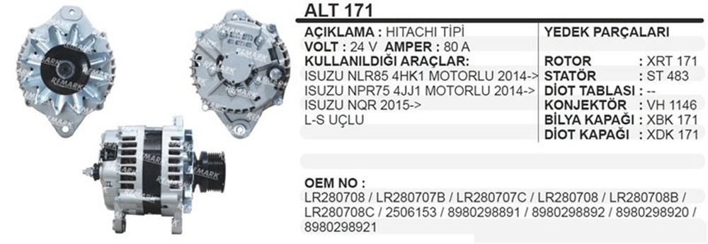 Alternatör 24V 80A Vakum – Isuzu NLR, NPR, NQR