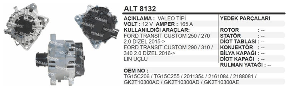 Alternatör Valeo 12V 165A Custom 2016+ LIN2 – Ford Transit