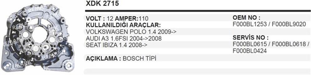Diyot Kapağı A3 110A. 6 Diyot Diyotlu – Volkswagen Polo, Seat Ibiza