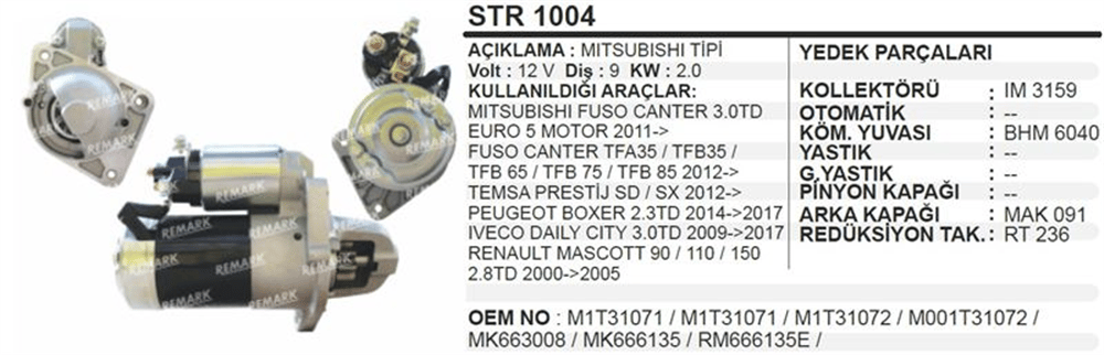 Marş Motoru 12V 9 Diş 2.0KW – Mitsubishi Fuso Canter Euro 5 Motor, Fuso Canter TFA35/TFB35/TFB65/TFB75/TFB852012TEMSA Prestij SD/SX, Peugeot Boxer 0142017 IVECO Daily City, Renault Mascott