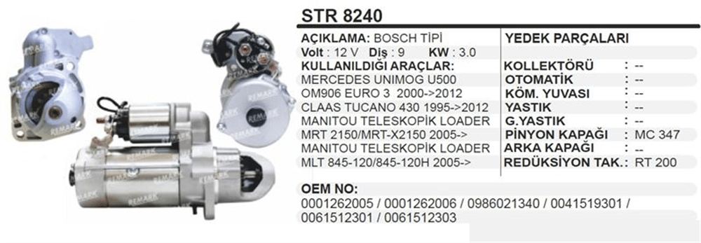 Marş Motoru 12V 9 Diş 3.0KW U500 OM906 Euro 3 Claas Tucano 430 Manitou Teleskopik Yükleyici MRT 2150/MRT-X2150/MLT 845-120/845-120H – Mercedes Unimog