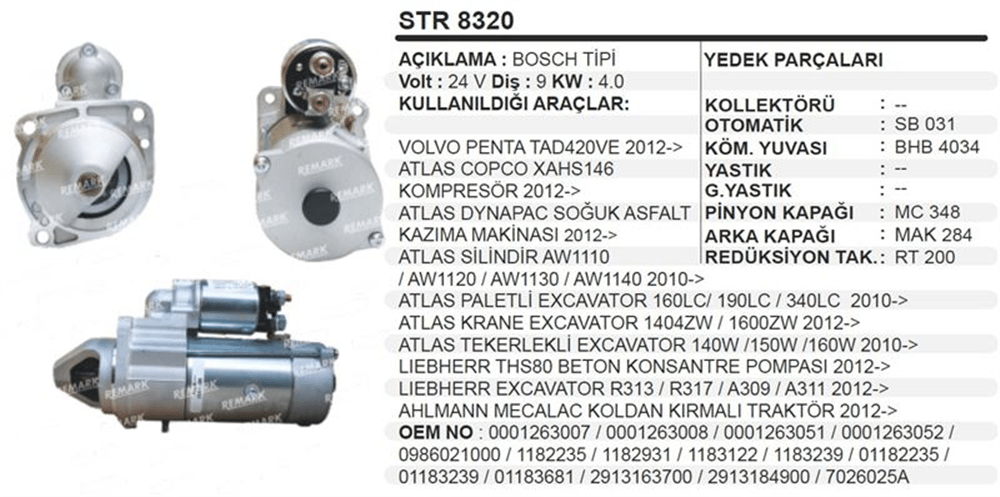 Marş Motoru 24V 9 Diş 4.0KW – Volvo Penta, Atlas Copco Xahs146 Kompresör, Dynapac Asfalt Kazima Makinası, Silindir Paletli Ekskavatör Liebherr THS80 Beton Konsantre Pompası, Ahlmann Mecalac Koldan Kırmalı Traktör