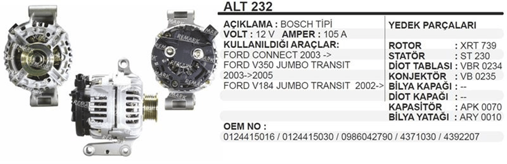 Remark Alternatör 12V 105A V350 Jumbo V184 Jumbo – Ford Connect, Transit