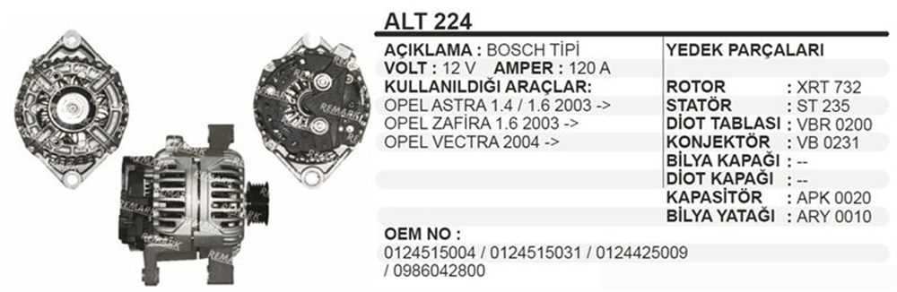 Remark Alternatör 12V 120A – Opel Astra, Zafira, Vectra