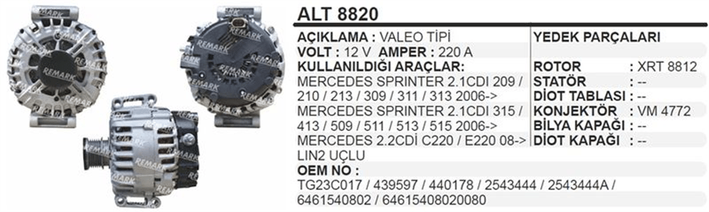 Remark Alternatör 12V 220A LIN2 Uçlu – Mercedes Sprinter 209 210 213 309 311 313 315 413 509 511 513 515, C220, E220