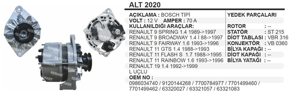 Remark Alternatör 12V 60A Iskra 11.201.198 Valeo A13N121 – Renault 9 (R9), 11 (R11), 19 (R19)