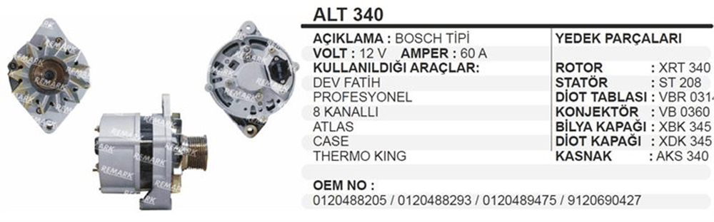 Remark Alternatör 12V 65A Dev Fatih – Cummins Motorlu Case Yükleyici John Deere