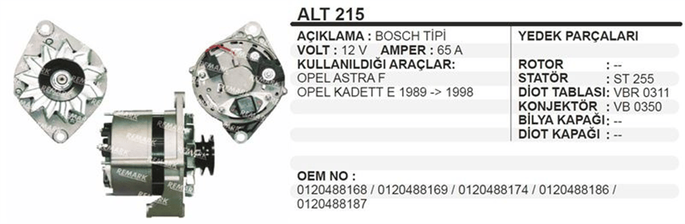 Remark Alternatör 12V 70A 1988-1999 Bedford – Opel Astra, Vectra, Kadett