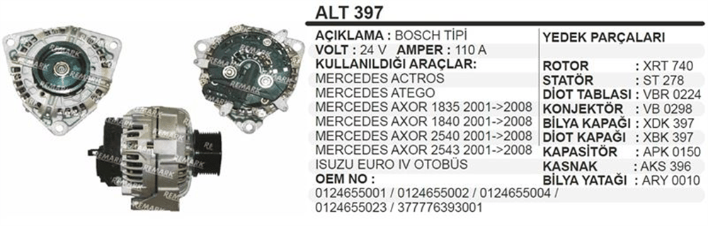 Remark Alternatör 24V 100A – Mercedes Actros, Atego, Axor, Isuzu