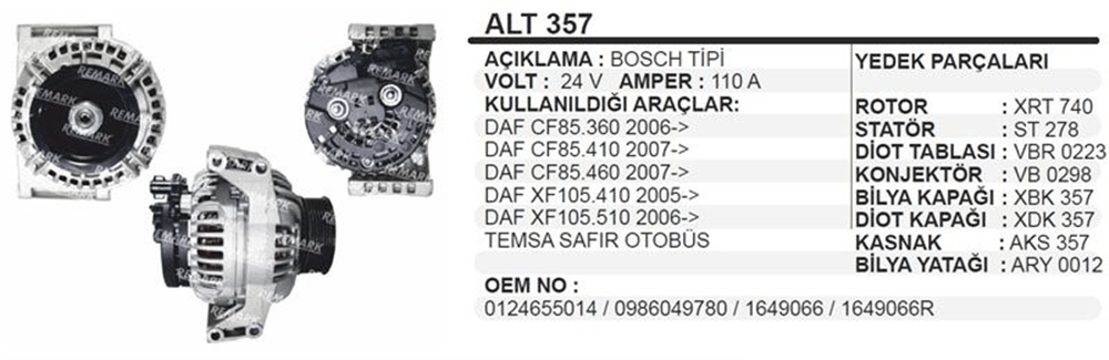 Remark Alternatör 24V 110A – DAF CF85.360, DAF CF85.410, DAF CF85.460, DAF XF105.410, DAF XF105.510 Temsa Safir Otobüs