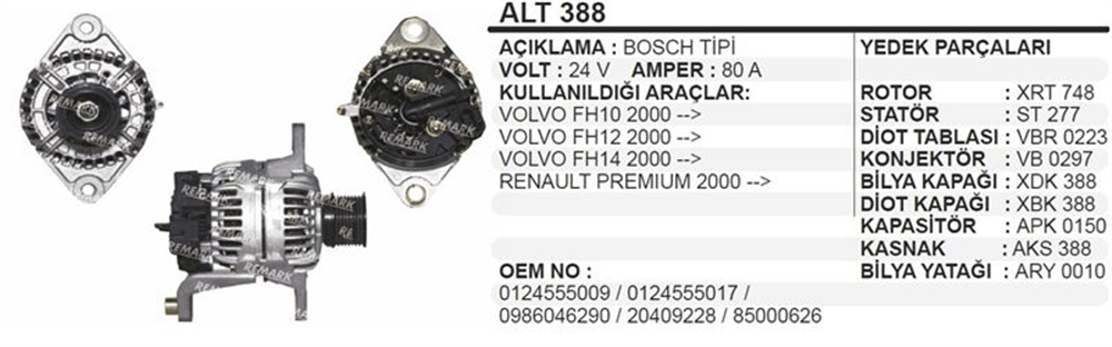 Remark Alternatör 24V 110A – Renault Magnum, Kerax, Volvo FH vb.