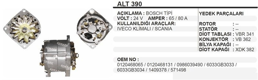 Remark Alternatör 24V 75A – IVECO Klimalı Scania 3 -4 Serileri, P.G.R.T Serisi