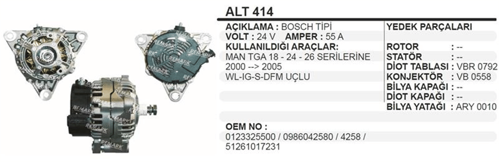 Remark Alternatör Bosch Tip 24V 55A 5 Fişli S Uç – MAN TGA 2000+