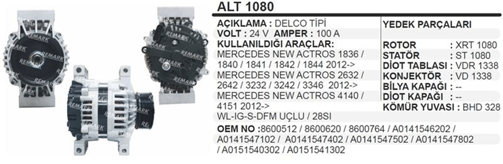 Remark Alternatör Delco Tip 24V 100A Benz Euro 6 28SI 2011+ 5 Fişli WL-IG-S-DFM Uçlu 28SI – Mercedes Actros