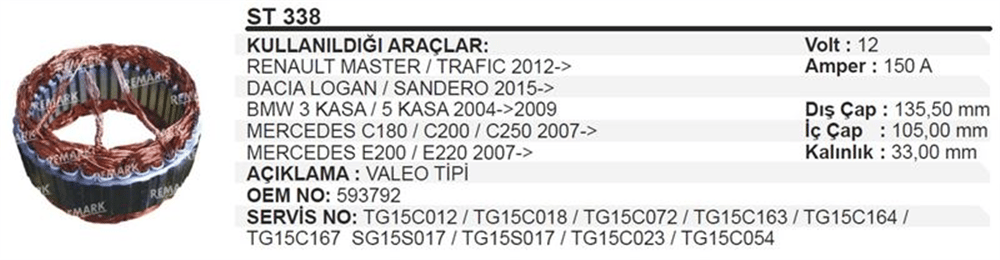 Stator 12V 150A Master Traffic – Dacia BMW